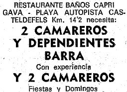 Anunci del restaurant-balneari Capri de Gav Mar publicat al diari La Vanguardia el 7 de Juliol de 1974 buscant cambrers i dependents de barra